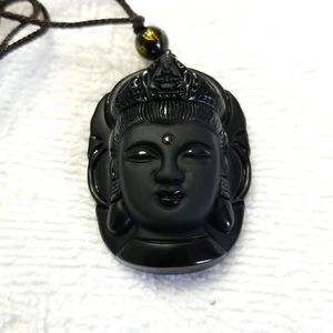 BLACK ONYX CARVED BUDDHA HEAD PENDANT NECKLACE